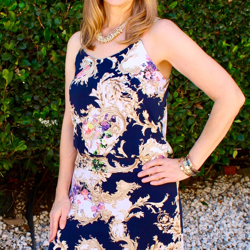 Navy/Gold Scroll - Tank Dress